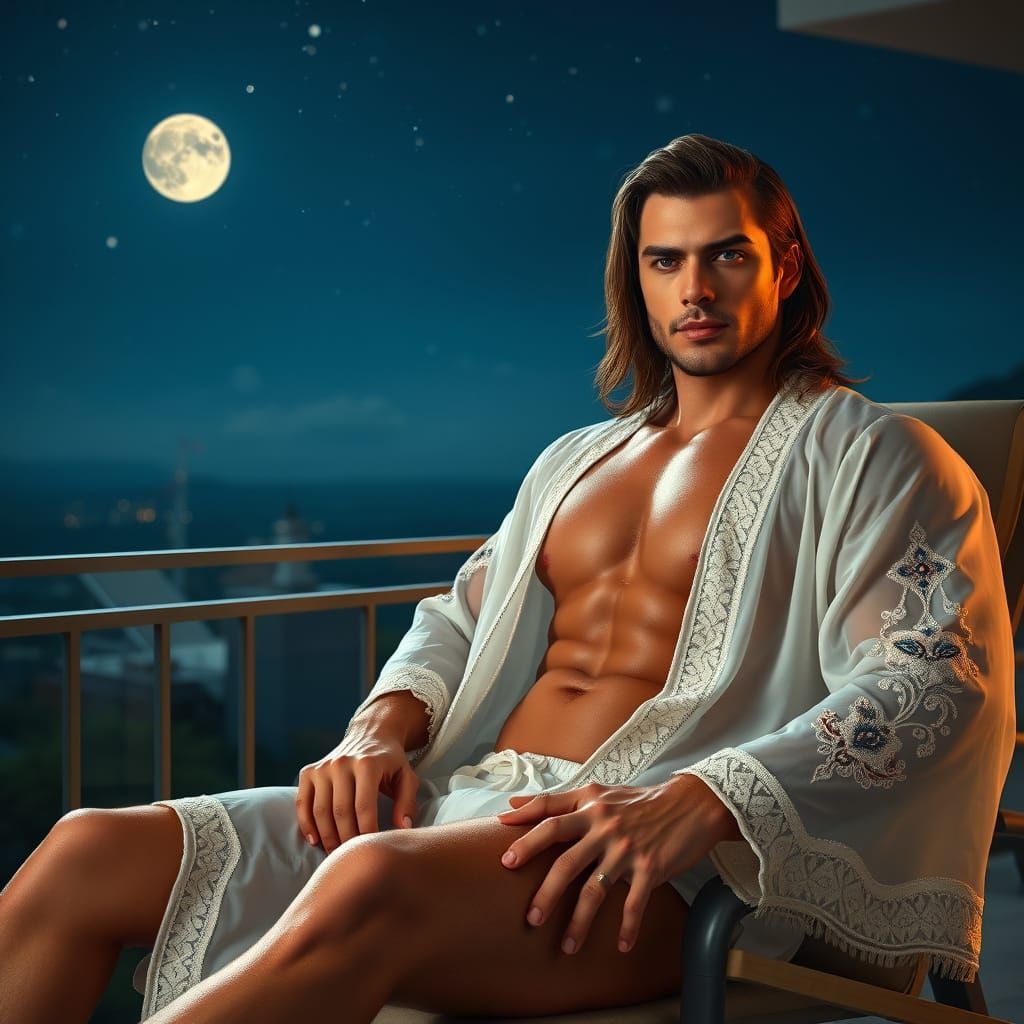 Muscular Man in White Robe Under Moonlight