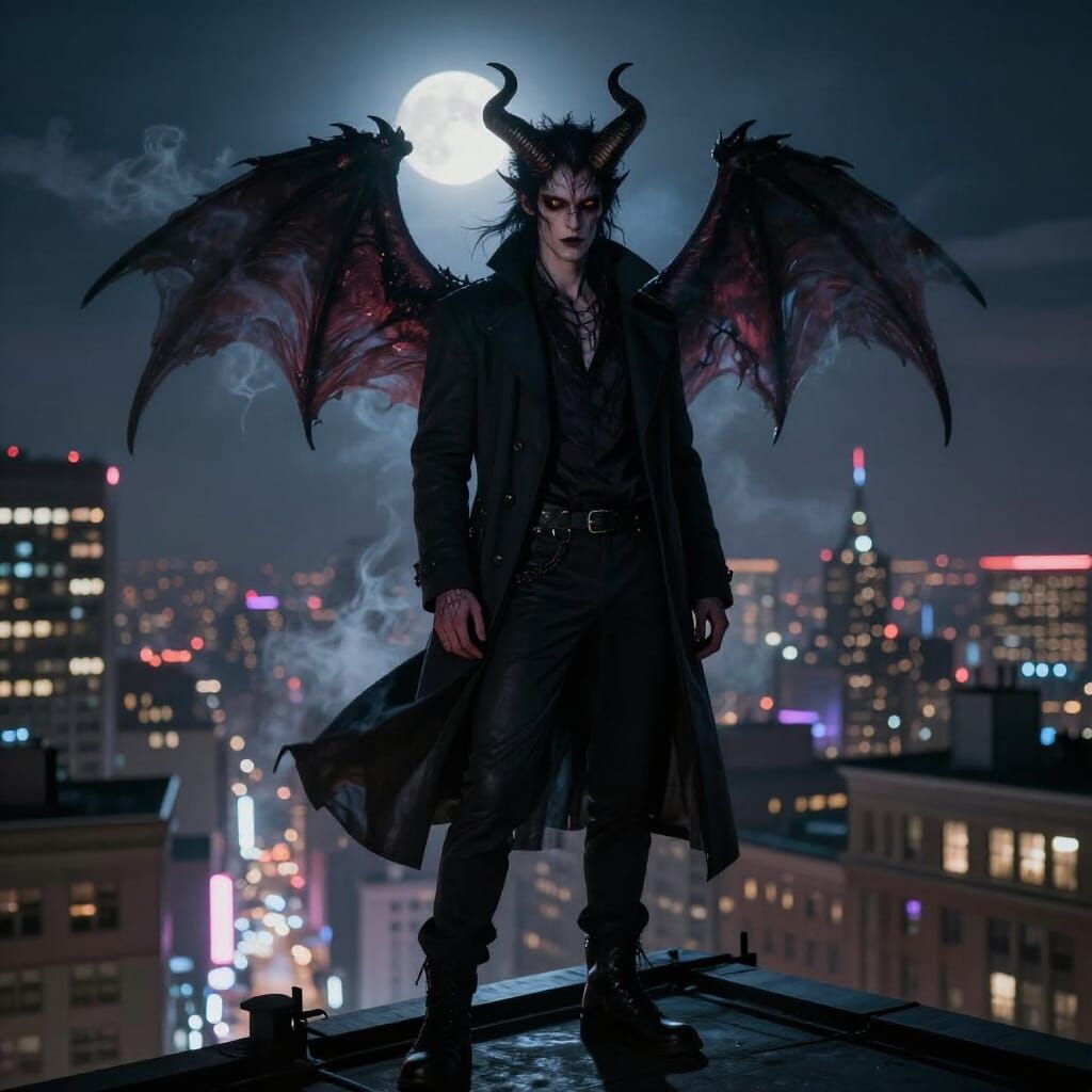 Urban Fantasy Demon on Skyscraper Rooftop at Night