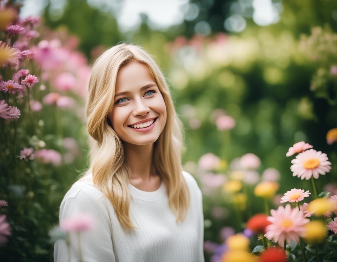 Smiling Blonde Woman in Flower Garden: Professional Photogra...