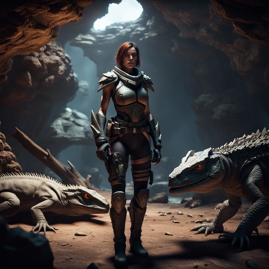 Armored Woman and Lizards in Dark Cave