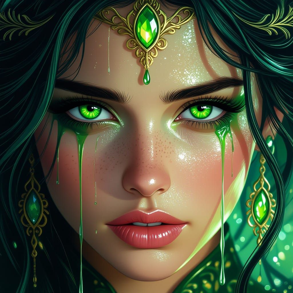 Bright Green Eyes Shedding Tears in Fantasy Art