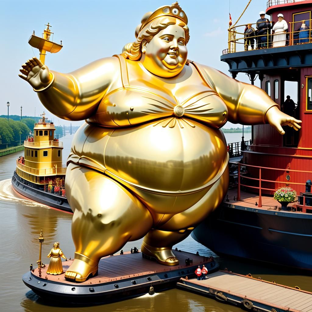 Golden Obese Woman Statue on Barge Pulled by Tugboat