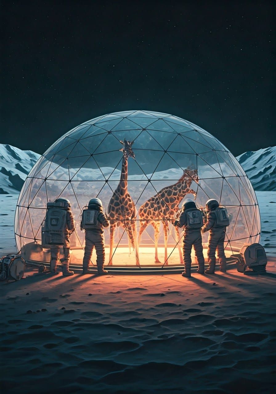 Astronauts Tend Giraffes in Lunar Geodesic Dome