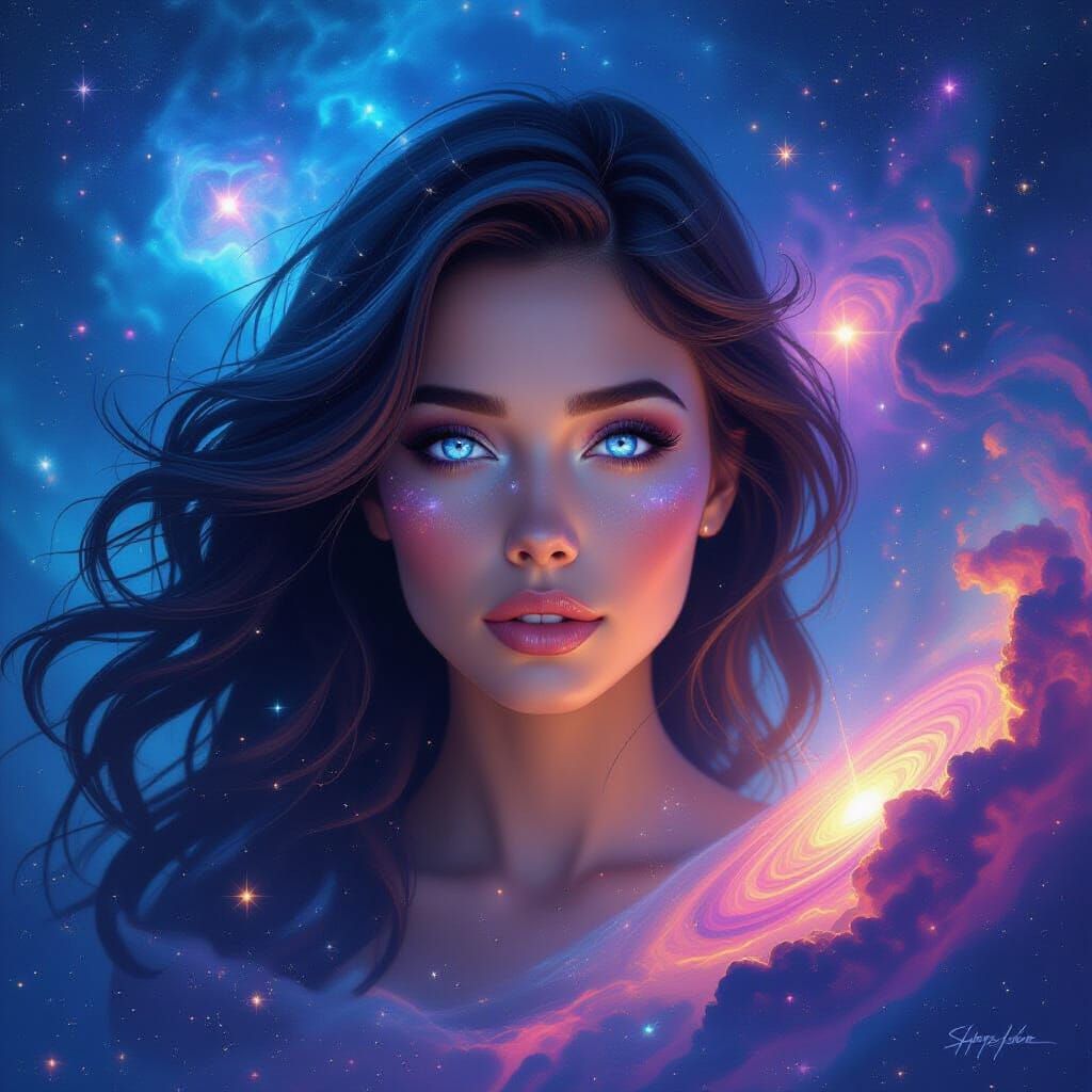 Stardust Woman with Galaxy Hair: Hyperrealistic Digital Art