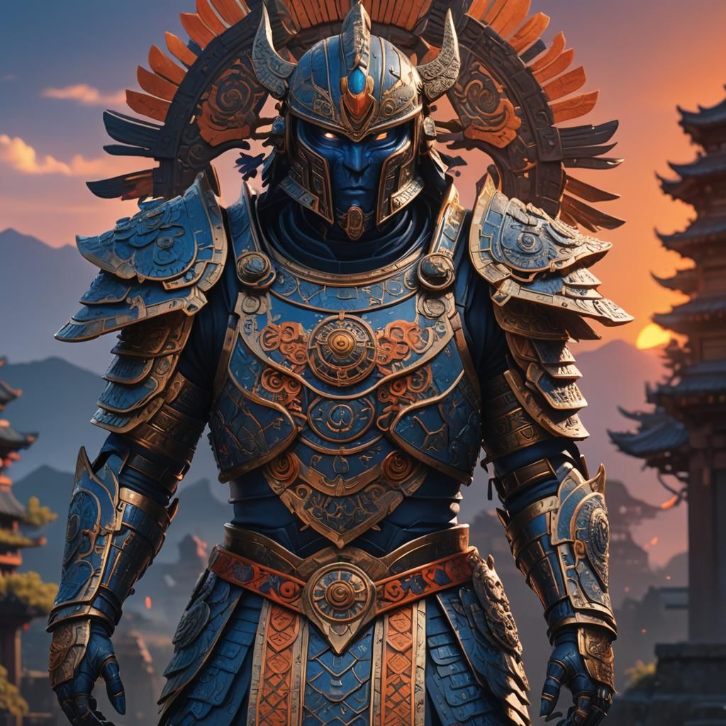 Towering Armored Figure at Sunset: Fantasy Concept Art