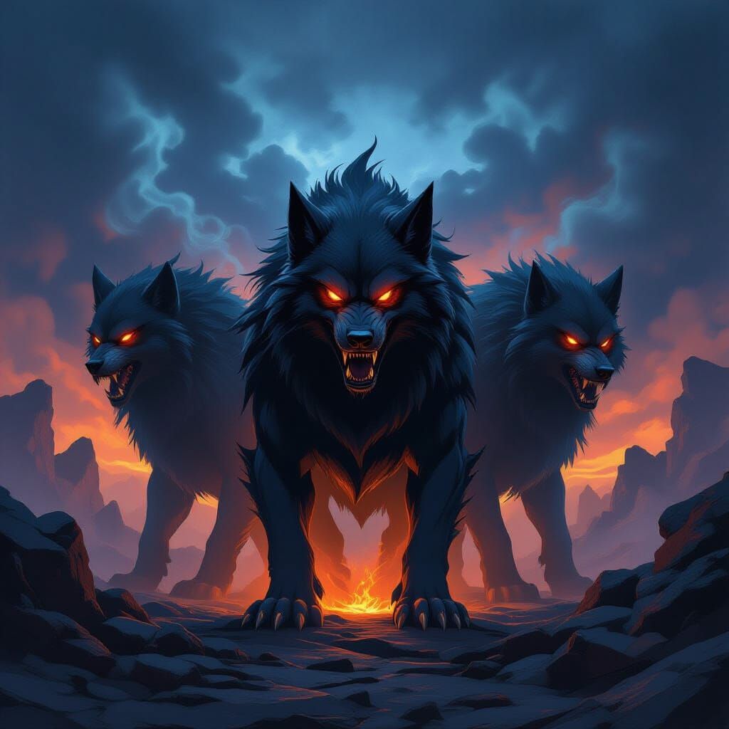 Cerberus Guards Underworld Gates in Dark Fantasy Style