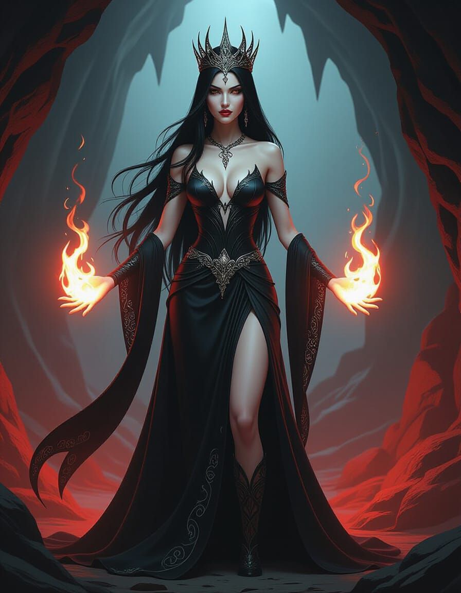 Mystical Woman Emits Fiery Power in Dark Cave