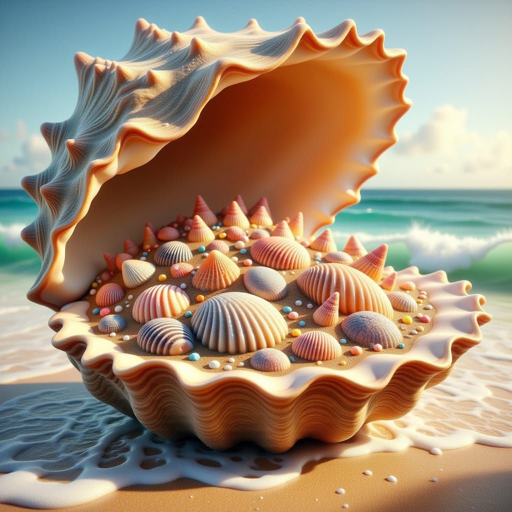 Seashells in Conch Shell on Beach