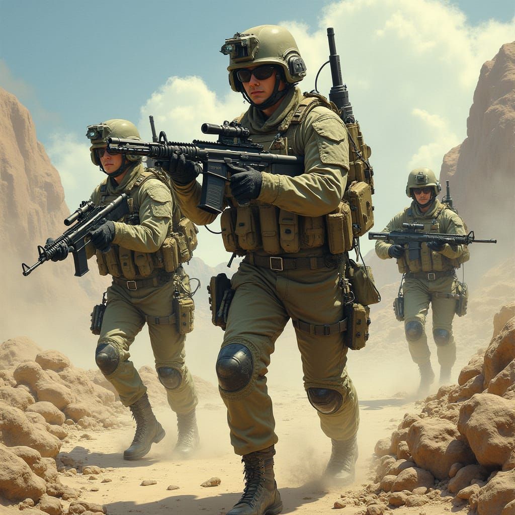 Soldiers in War-Torn Landscape in Dystopian Realism