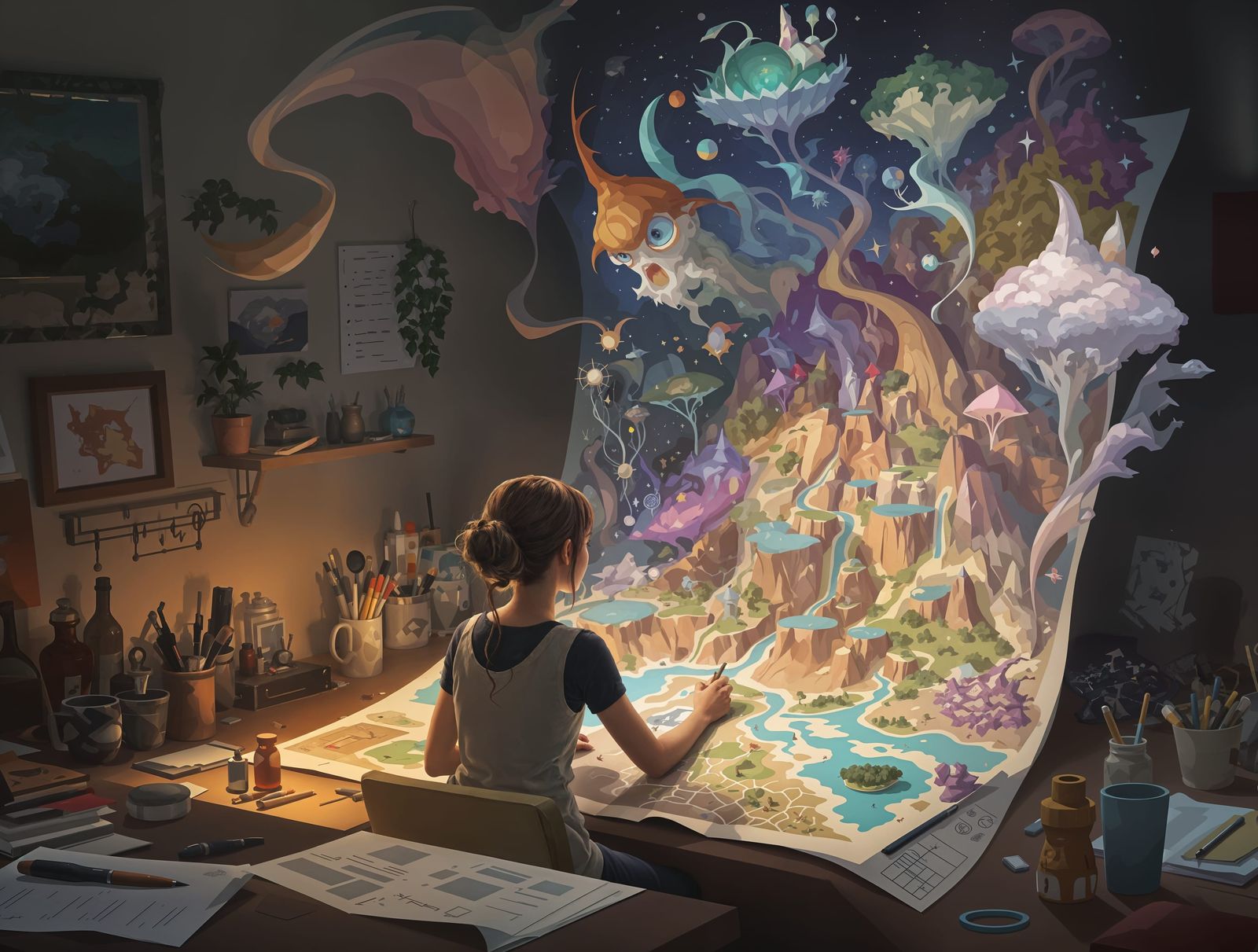 Surrealist Mapmaker in Whimsical Fantasy Landscape