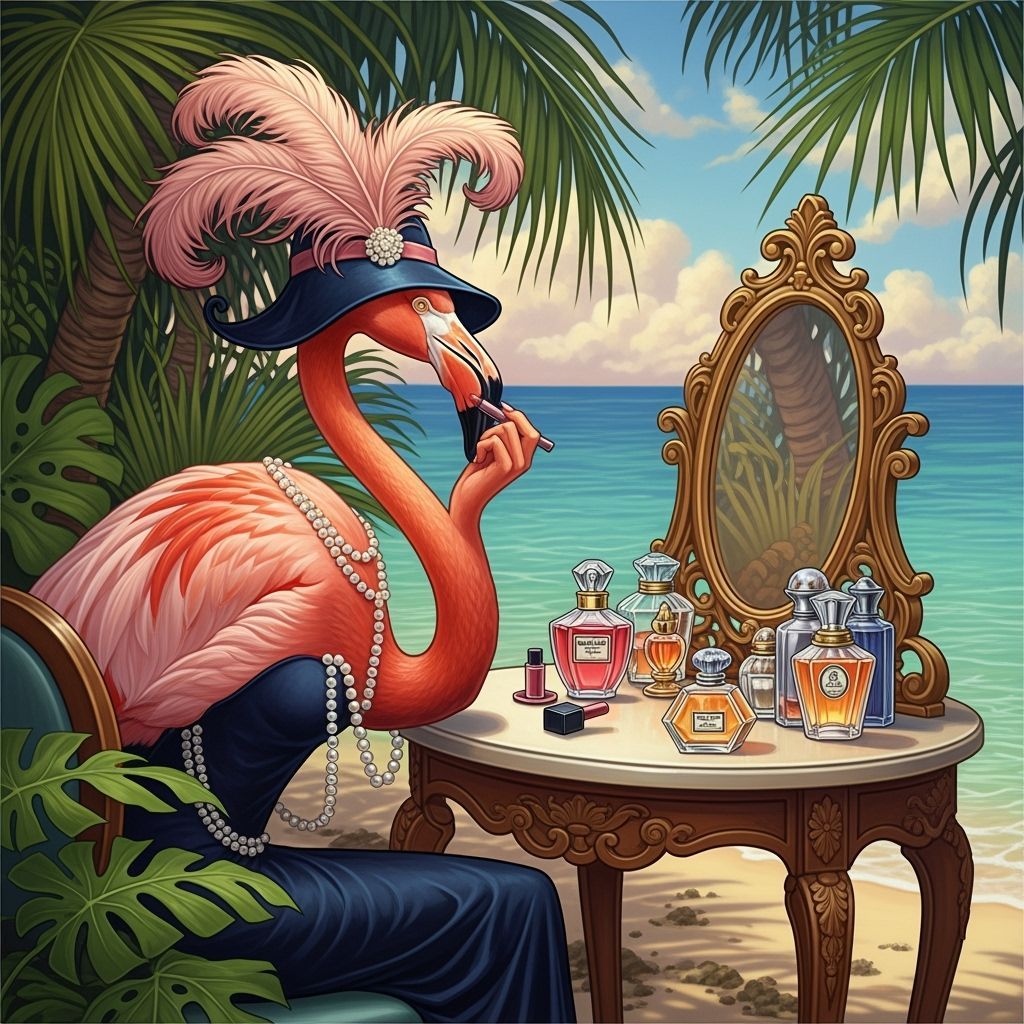 Elegant Flamingo Applying Lipstick in Art Nouveau Style