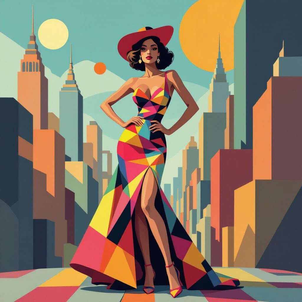 Geometric Fauvist Woman in Cubist Art Deco Cityscape