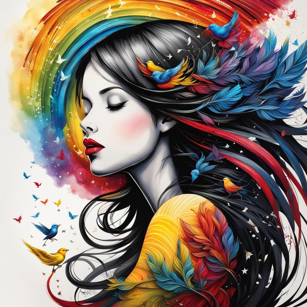 Girl Singing into the Wind: Art Deco Illustration