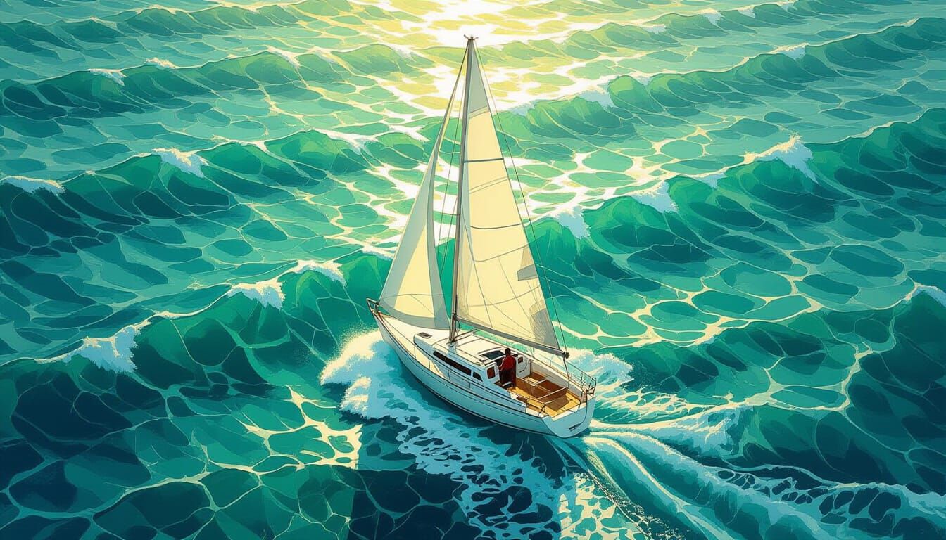 Sailboat on Teal Ocean: Aerial View in Surrealist Style