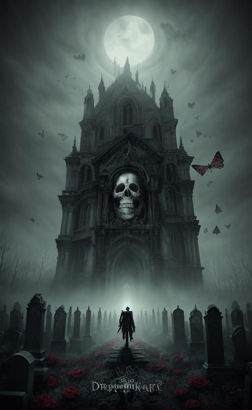 Eerie Graveyard Skeleton with Roses and Butterflies