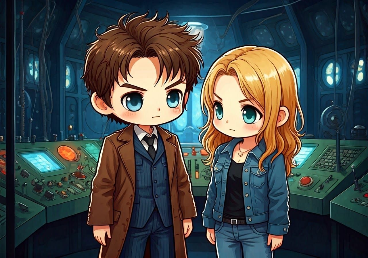 Chibi Doctor Who and Rose in TARDIS, Digital Art