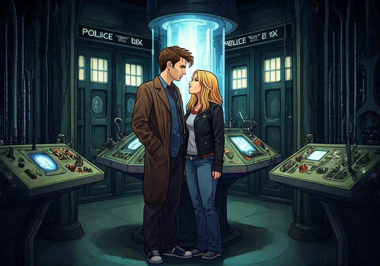 Doctor Who and Rose Tyler in Chibi Style TARDIS
