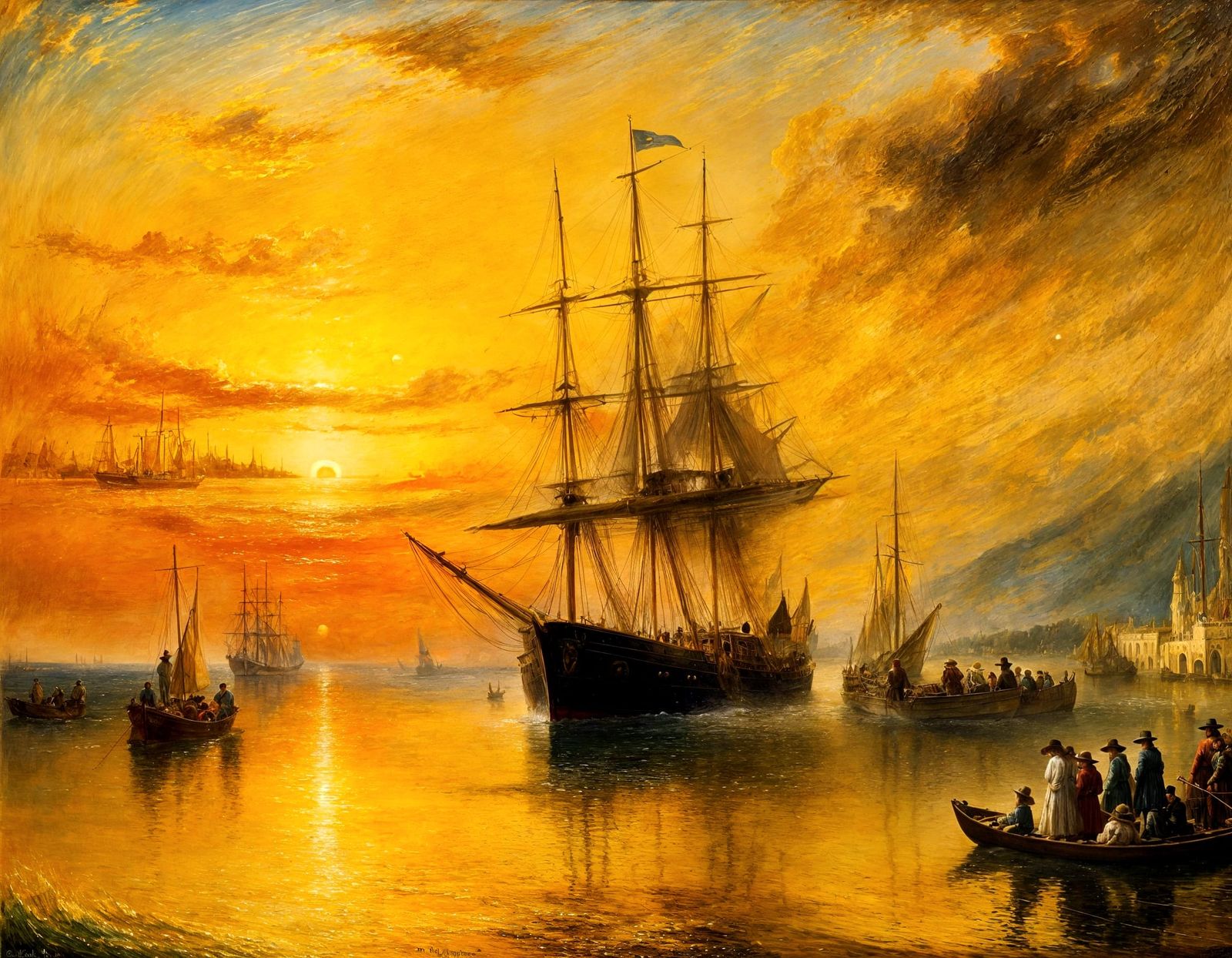 Sailing ship gently drif home at sunset