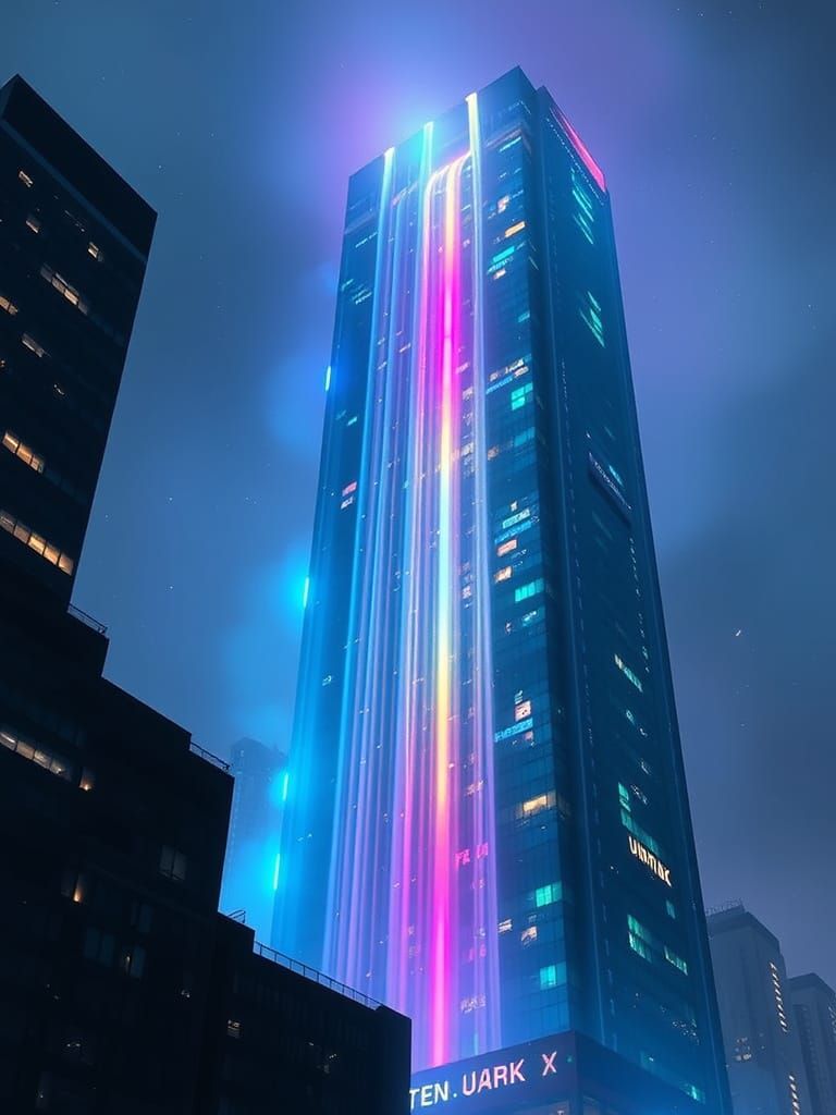 Bioluminescent Waterfall Flowing from Cyberpunk Skyscraper