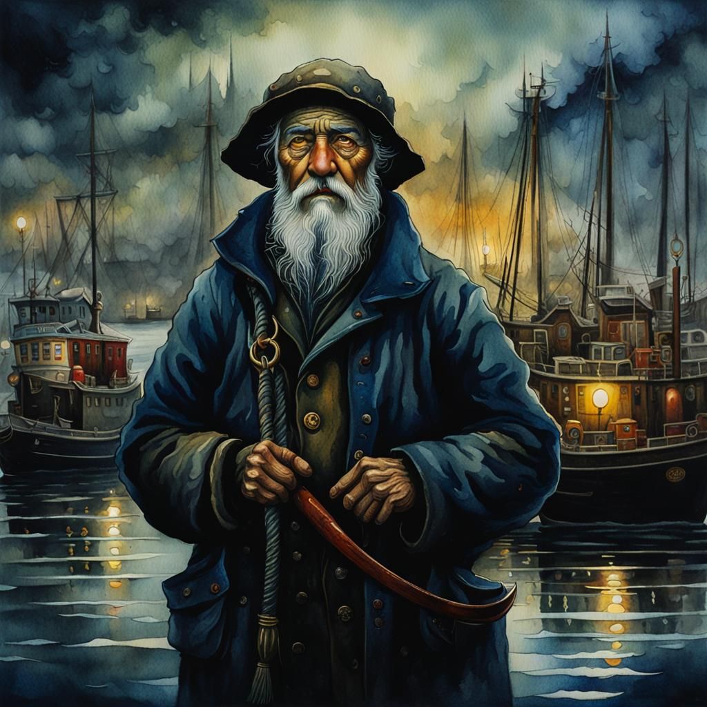 Fisherman Portrait in Dark Fantasy Watercolour Style