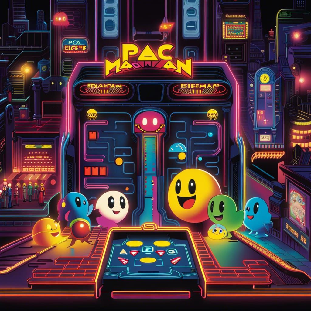 Vibrant 80s Arcade Featuring Pac-Man Machine