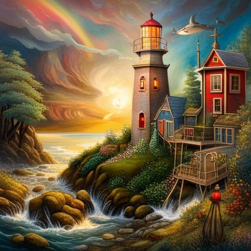 Lighthouse Sunset Collage in Surreal Style