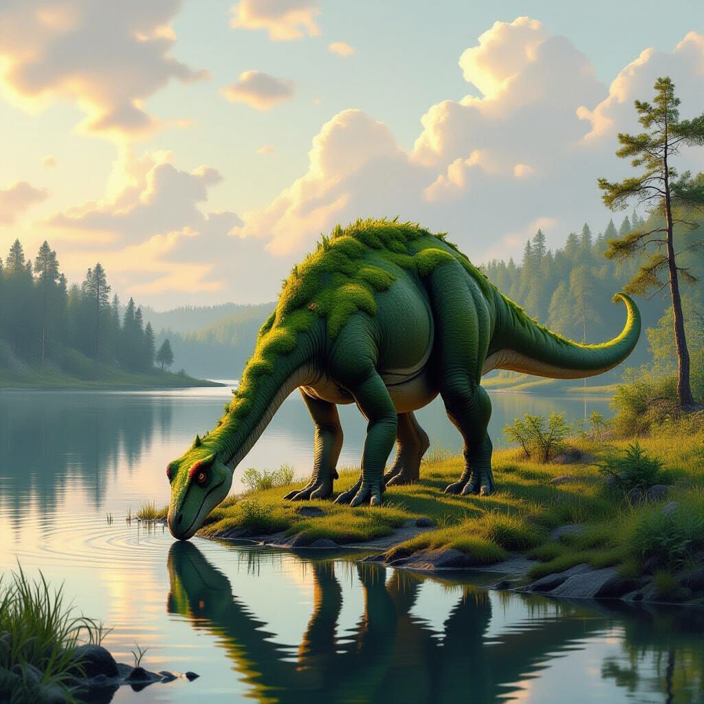 Dinosaur Grazing by Lake, in Dark Fantasy Style