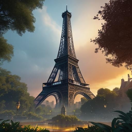 Eiffel Tower Sunset: Lush Gardens and Golden Light