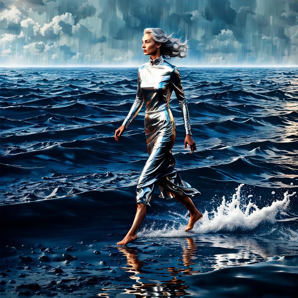 Silver Lady Walking on Sea in Photorealistic Oil Painting