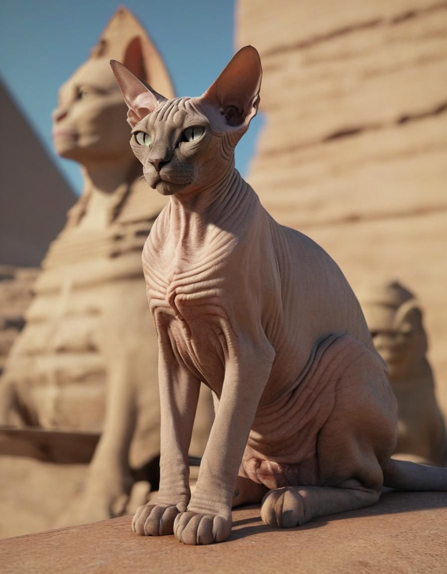 Sphynx Cat and Great Sphinx of Giza: Photorealistic CGI