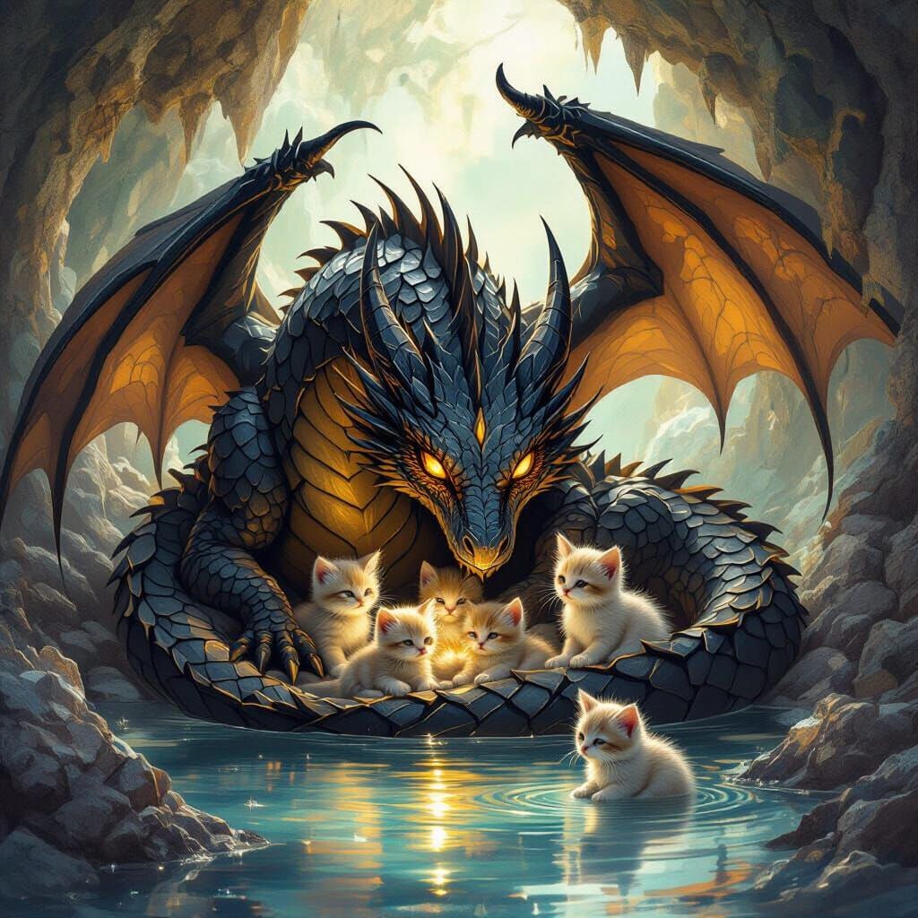Dragon Protects Kittens in Crystal Cave, Fantasy Art