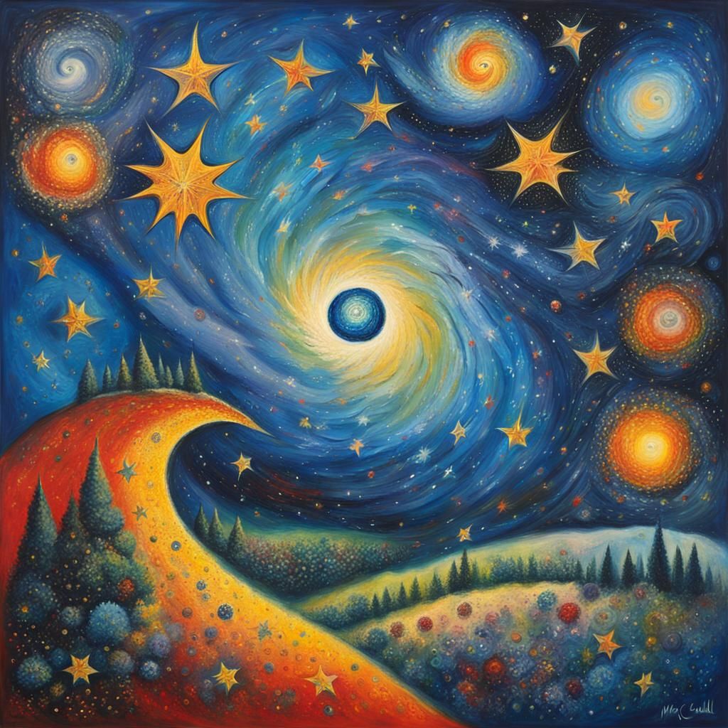 Dreamy Star Field Oil Painting in Naive Art Style
