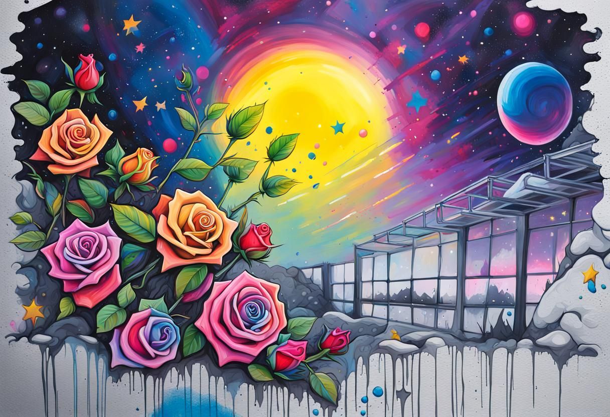 Rainbow Rose Graffiti Art in Night Garden