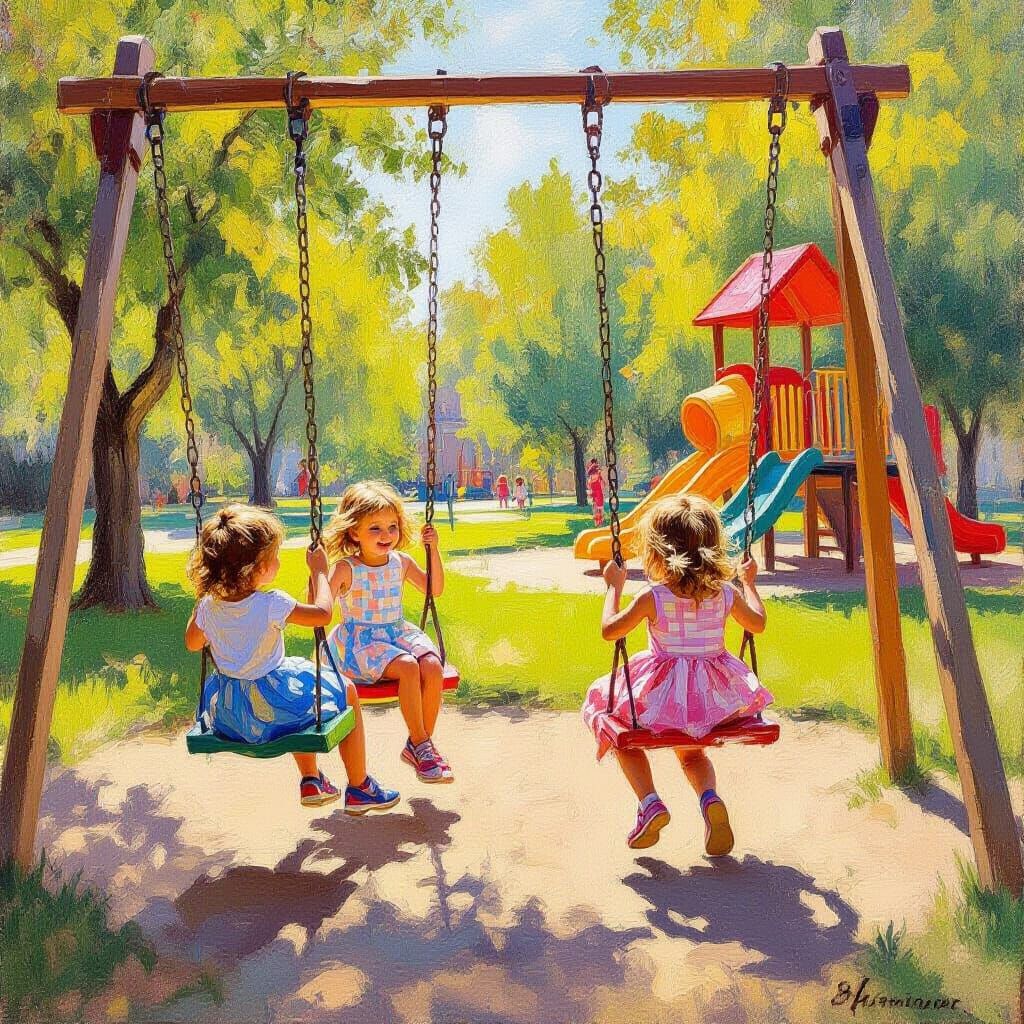 Children Play at Sunny Park in Impressionistic Oil Painting ...
