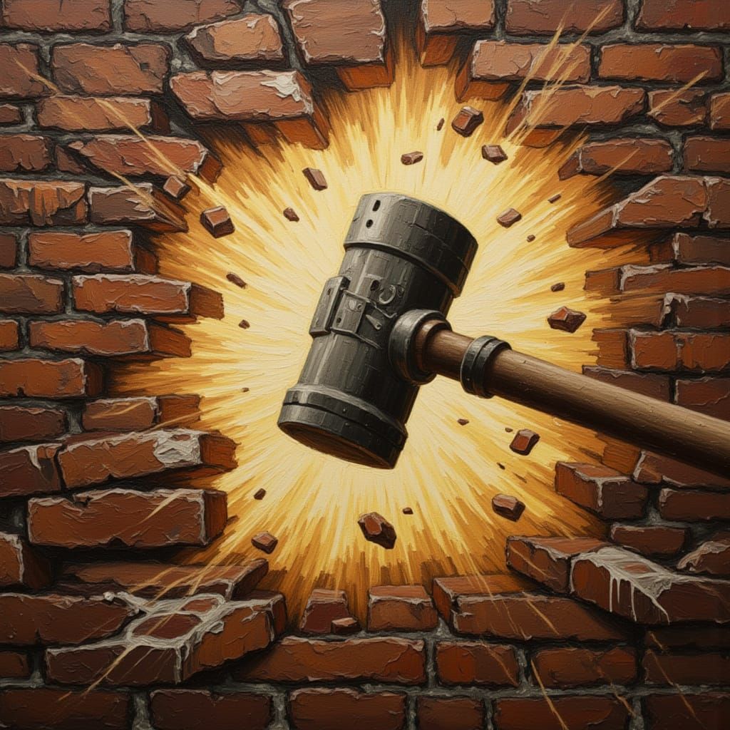 Sledgehammer Shatters Brick Wall in Dramatic Concept Art