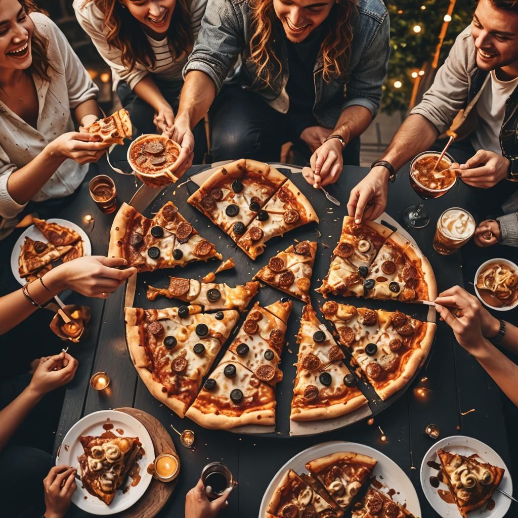 Hyperrealistic Party Scene with Pizza and Ice Cream