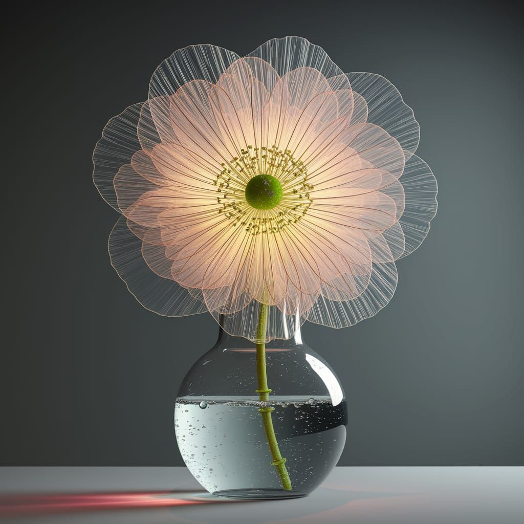 Surreal Blooming Flower in Glass Vase with Soft Lighting
