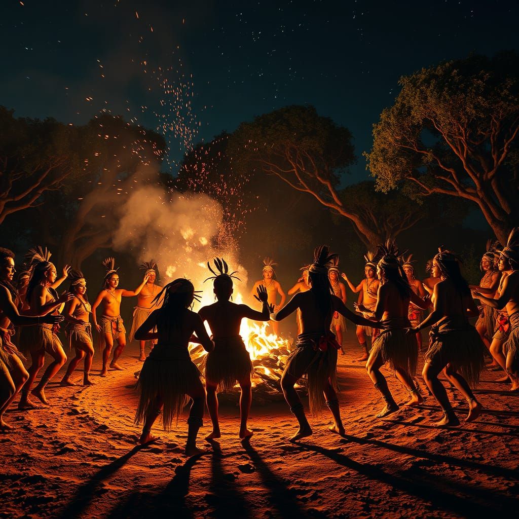 Tribal Celebration: Dancers Around Bonfire Under Night Sky