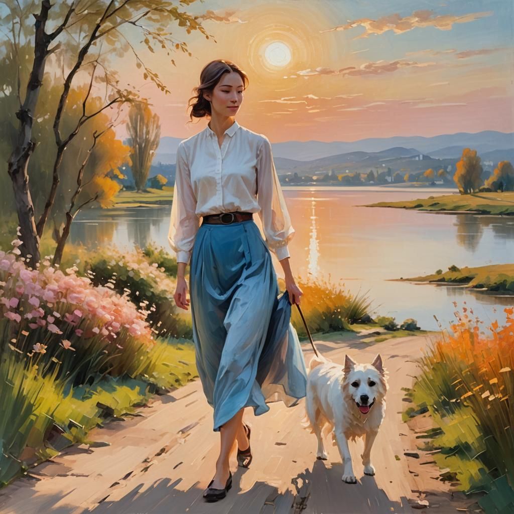 Impressionist Painting of Woman Walking at Sunset