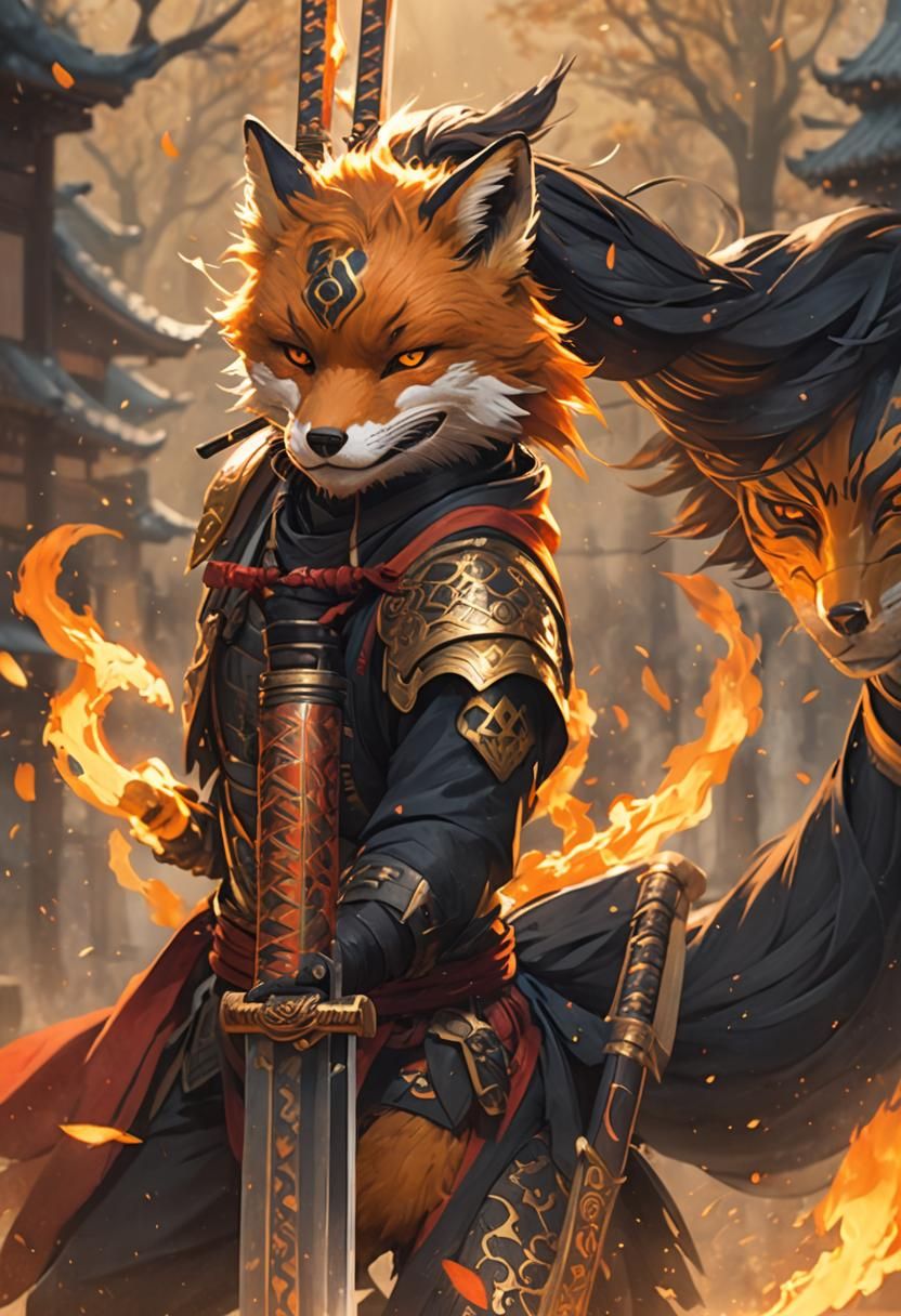 Fox Ninja with Flaming Katana: 3D Anime Art