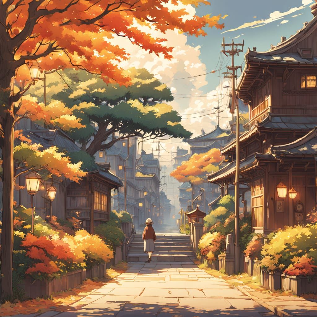 Angel in Autumn Park in Studio Ghibli Style