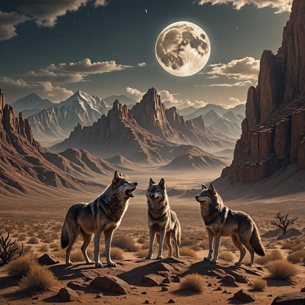 Moon Wolves Howling in Desert Mountains