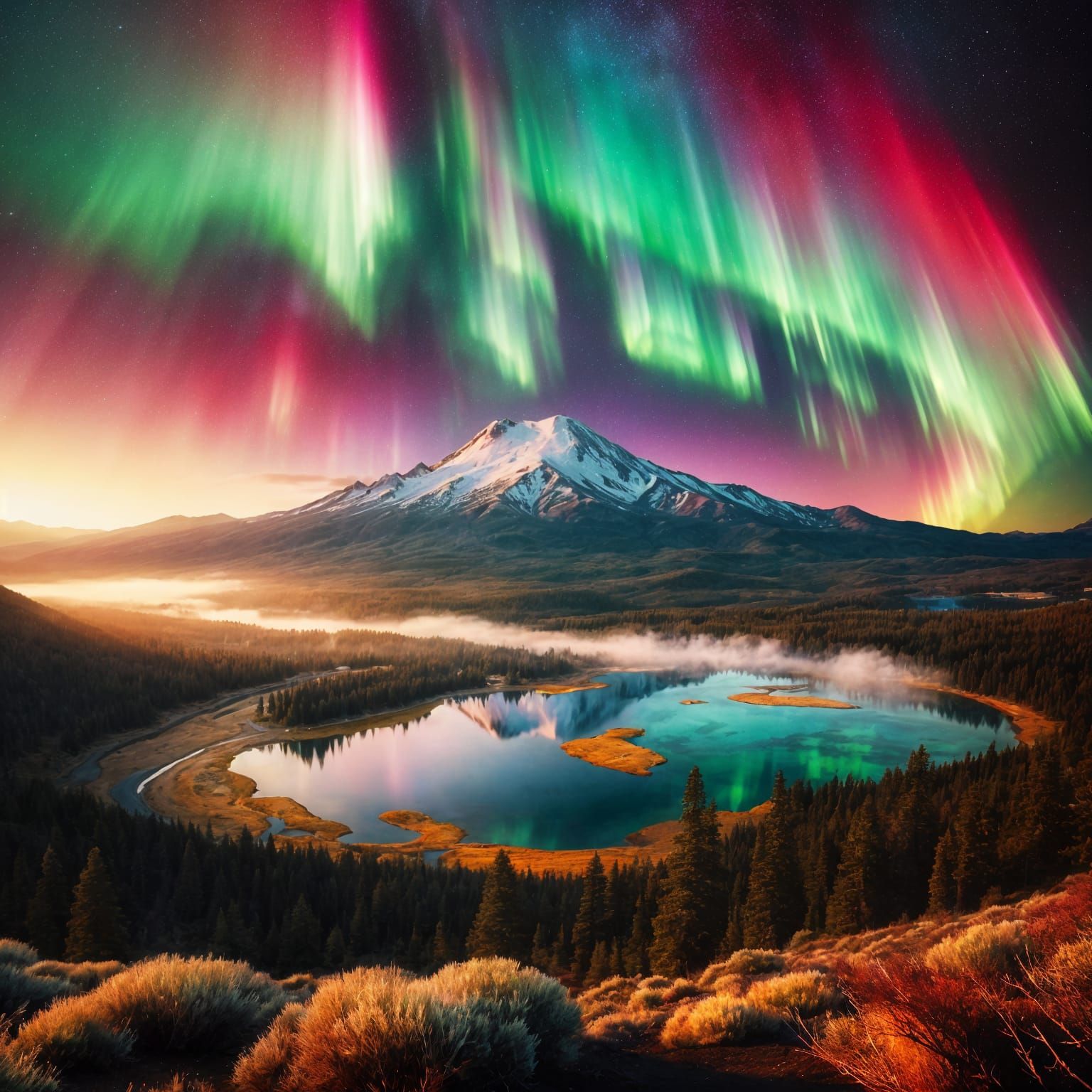 Mount Shasta Aurora Display in Professional Photography Styl...