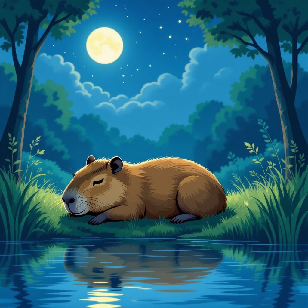 Capybara Sleeps in Dreamy Moonlight Landscape