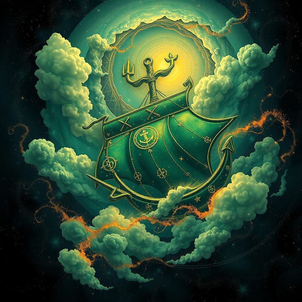 Green and Gold Galaxy Shaped Like Jolly Roger