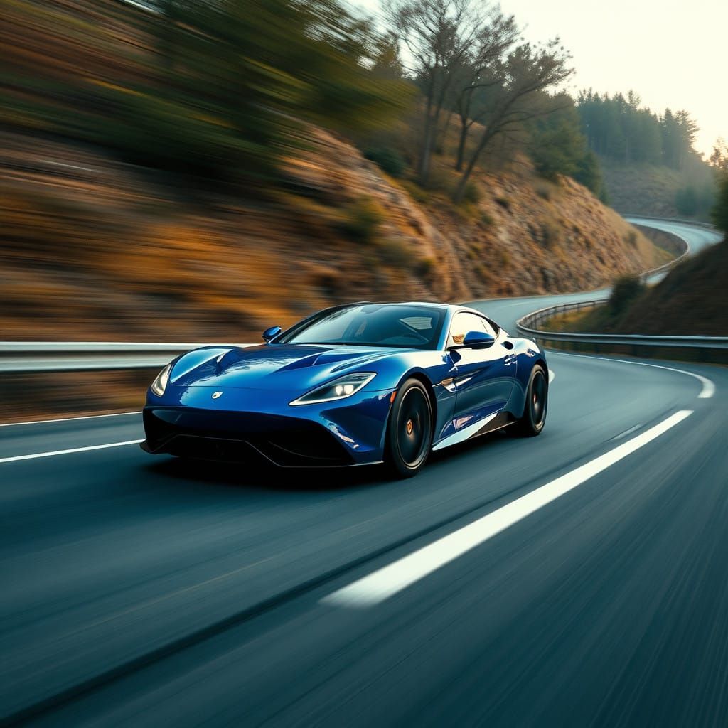 Sleek Royal Blue Sports Car Speeds Down Winding Highway