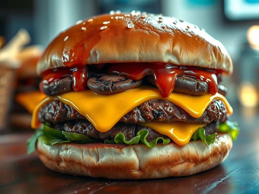 Hyperrealistic Triple Cheese Burger with Mushrooms