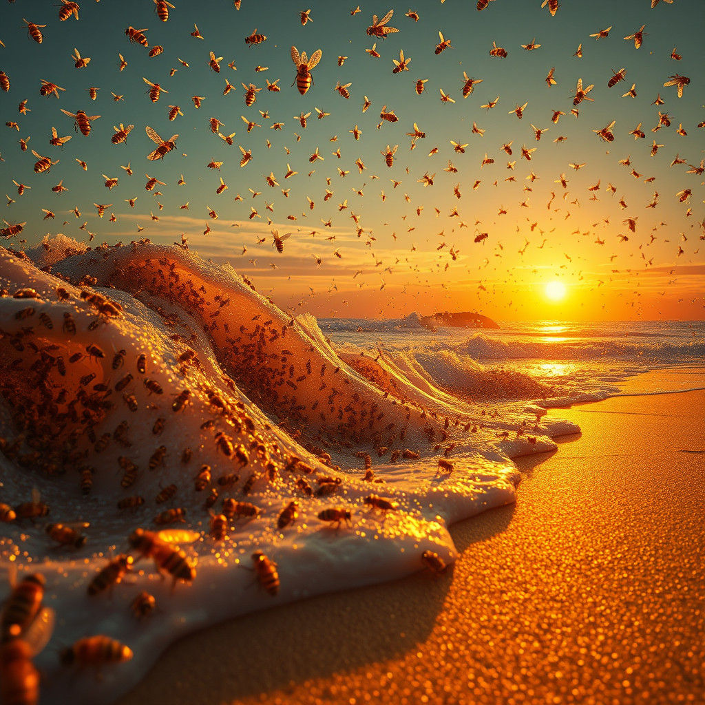 Golden Bee Waves Crash on Sandy Shore