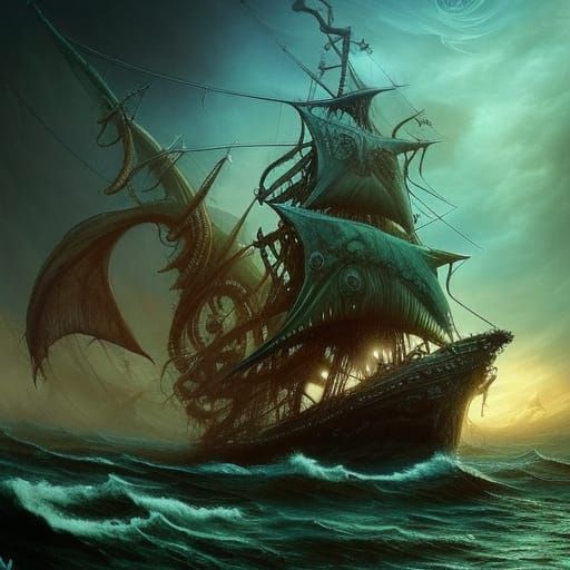 Cthulhu Overturns Pirate Ship in Dark Fantasy Art