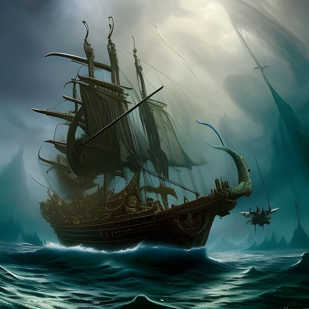 Cthulhu Overturns Pirate Ship in Dark Fantasy Art